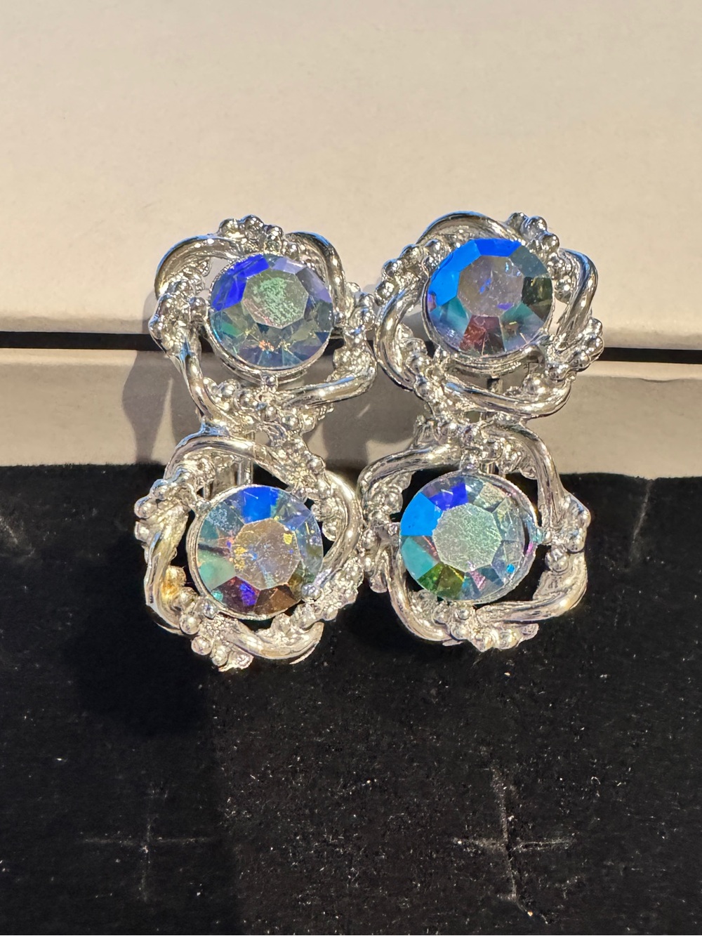 Vintage Aurora Crystal Silver-Tone Clip on Earrings - Iridescent AB Sparkle